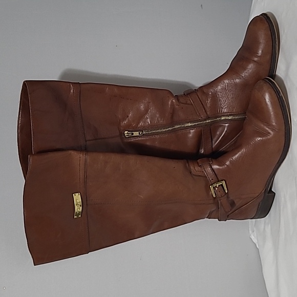 COACH MICHA LEATHER TALL RIDING CONAC GOLD BELTED & LOGO FLAT BOOTS 7.5B PULL ON - Picture 1 of 17